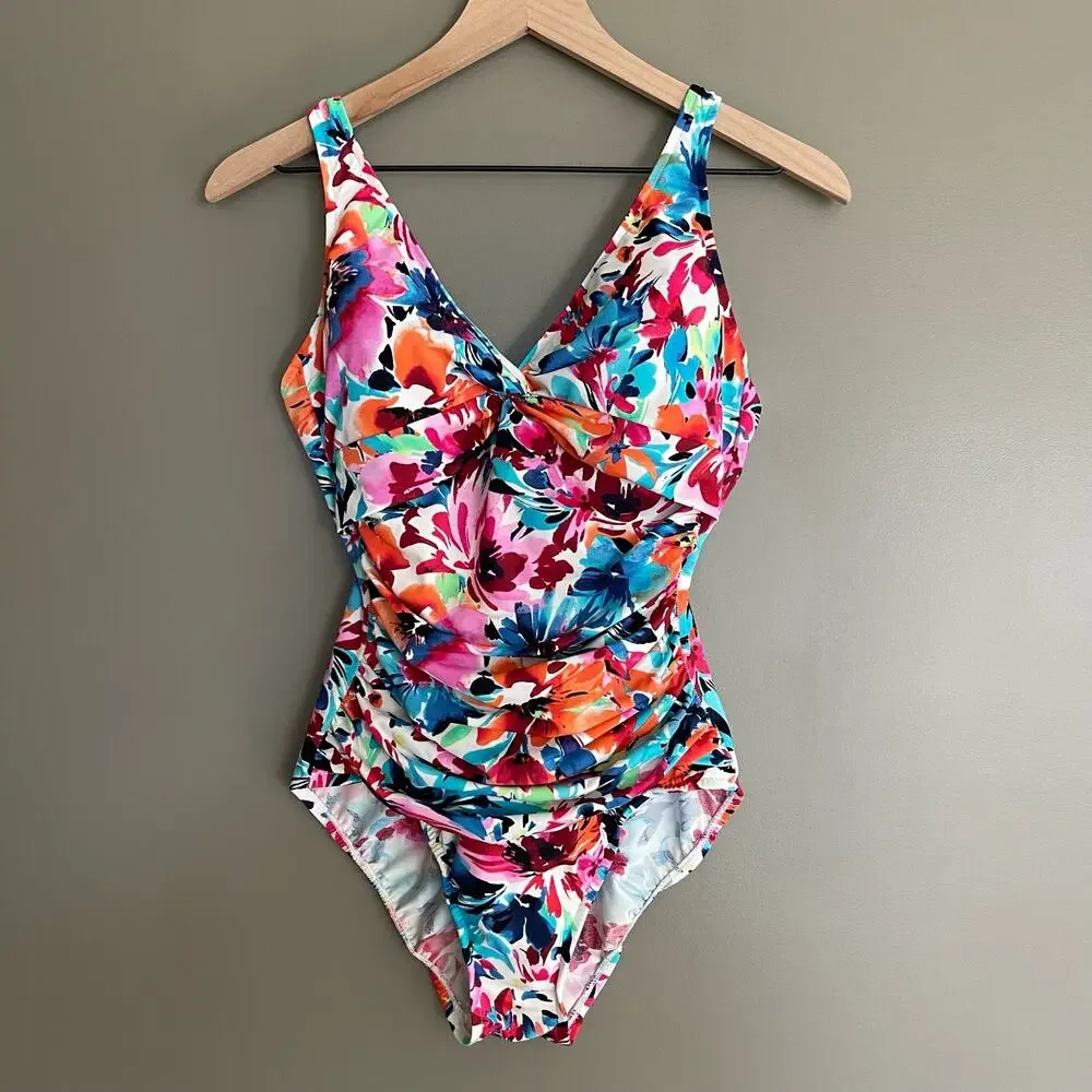 Swim Solutions Twist Bodice Allover‎ Slimming One-Piece Swimsuit Size 12 Floral - Picture 4 of 16